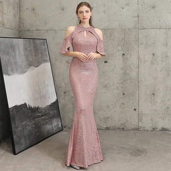 

YIDINGZS Pink Sequins Evening Dress Hollow Out Elegant Off Shoulder Long Evening Party Dress YD16223
