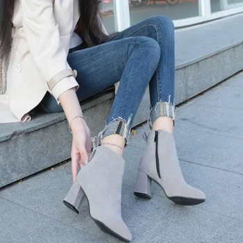 

Dwayne New Womens Short Boots Female Pointed Toe Thick Heel High Heel Ankle Boots Flock Zipper Single Boots Autumn 2019