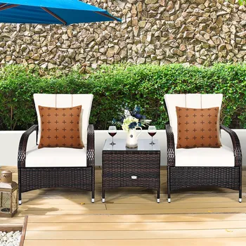 

Costway 3PCS Rattan Furniture Set Chair Coffee Table Conversation Set W/White Cushion