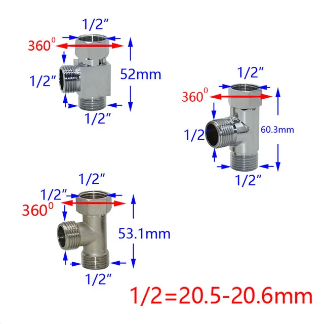 Fém Nőstény 1/2-1/2 "Hím T-Alakú Csatlakozó Víz-Osztó Póló 2-Utas Réz Illesztő Adapter Csap 1Db - Image 2