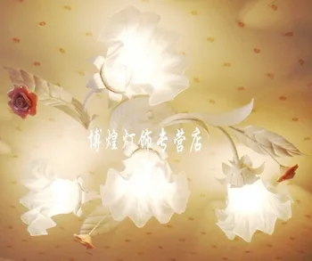 

European-style garden living room Romantic Restaurants white wrought iron pink ceramic flowers glass lampshade Ceiling Lamp c139