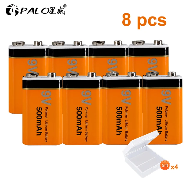 PALO 9V Rechargeable Battery 500mAh 9V Lithium rechargeable battery 9v 6f22 Li-ion batteries for Mrophone 9v Battery 8pcs battery