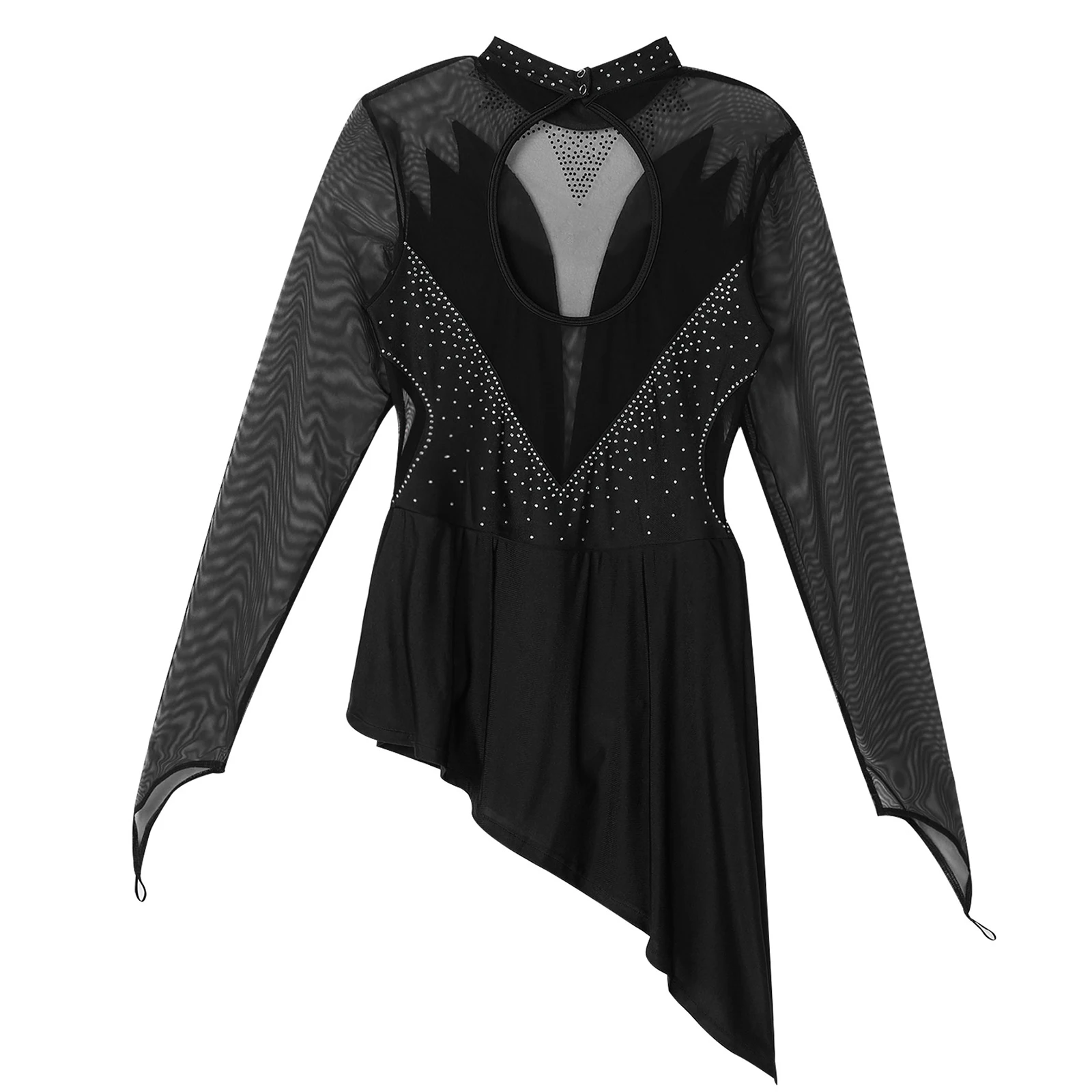 Adults Rhinestone Mesh Long Sleeve Dance Dress Figure Skating Artistic Gymnastic Training Performance Ballet Dance Leotard Dress