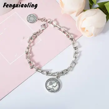 

Authentic 925 Sterling Silver Portrait Silver Coin Charm Bracelets Retro Style Thick Chain Bracelets For Women Silver Jewelry