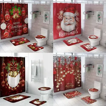 

Christmas Bathroom Shower Curtain Rug Set Toilet Waterproof Cover Mat 1/3pcs