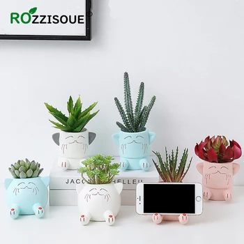 

Cute Resin Baby Cat Flowerpot Artificial Succulents Potted In Pots Creative Phone Stand Multifunctional Desktop Small Flower Pot