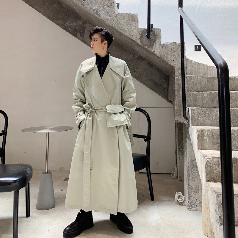 

Men Vintage Fashion Loose Casual Pocket Belt Long Trench Jacket Overcoat Male Japan Streetwear Windbreaker Coat Outerwear
