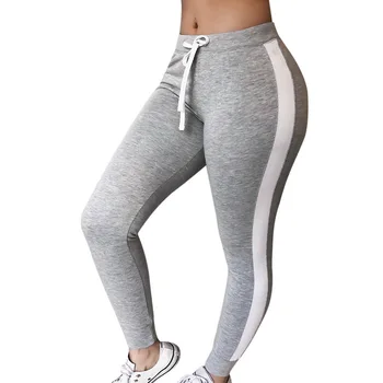 

Puimentiua Women Drawstring Waist Fitness Legging High Waist Pants Skinny Pants Ribbed Knit Striped Sideseam Sweatpants Trouser