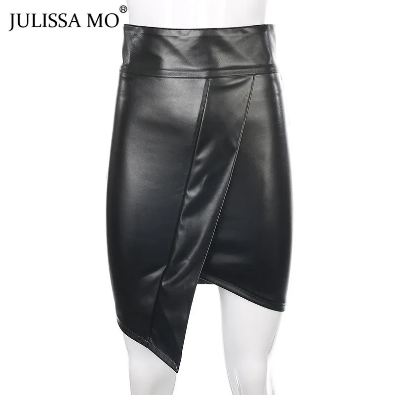 Julissa mo, черные сексуальные женские юбки из искусственной кожи с разрезом, зимние облегающие мини-юбки с высокой талией, элегантная Офисная Женская Асимметричная юбка