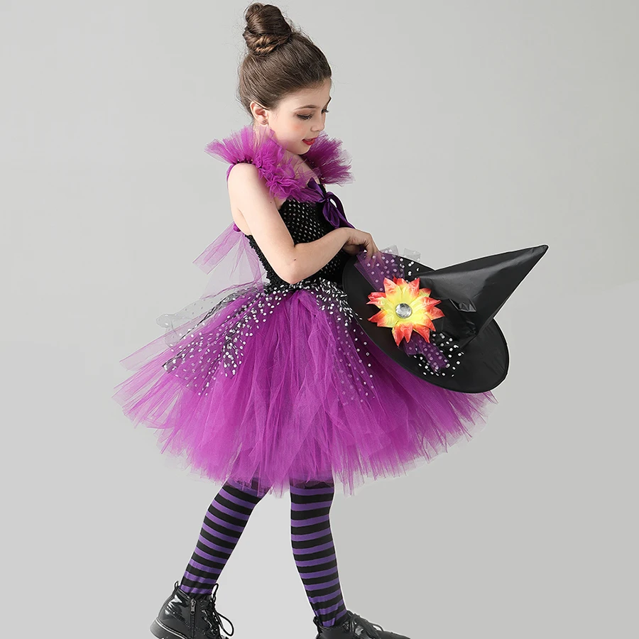 Classic Witch Girls Tutu Dress with Hat Child Halloween Costume Cosplay Carnival Party Princess Kids Wicked Witch Tulle Dresses (6)
