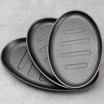 

New Cast Iron Roasting Steak Pan Non Stick Roast Enamel Fried Pot Plate Frying Pan With Wooden Base Holder Home Cookware 25.5*16