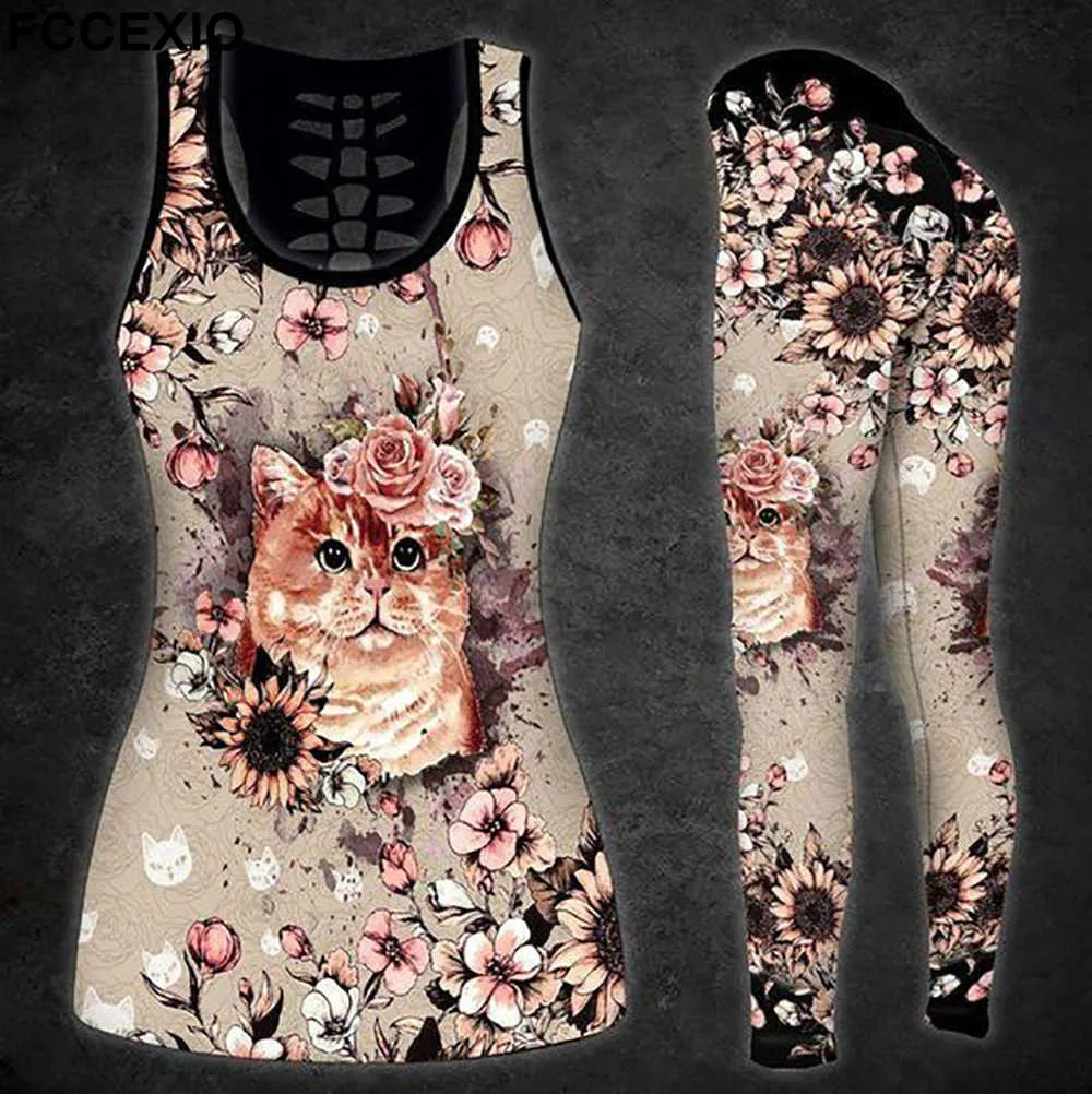 FCCEXIO Cat 3D Print Fitness Sportwear Yoga Clothes Gym Workout Tank Top Sports 2PCS Set Pants Women Seamless Leggings Outfit