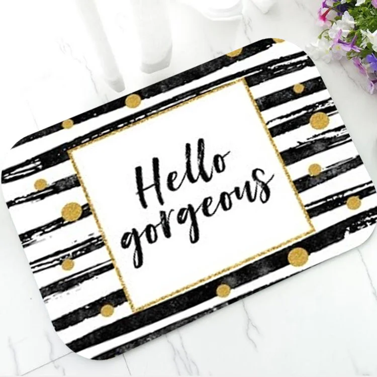 

Stylish Black White Stripes Hello Gorgeous Bath Mat Gold Glitter Dots Entrance Floor Doormat Lash Rubber Rug Carpet Home Decor