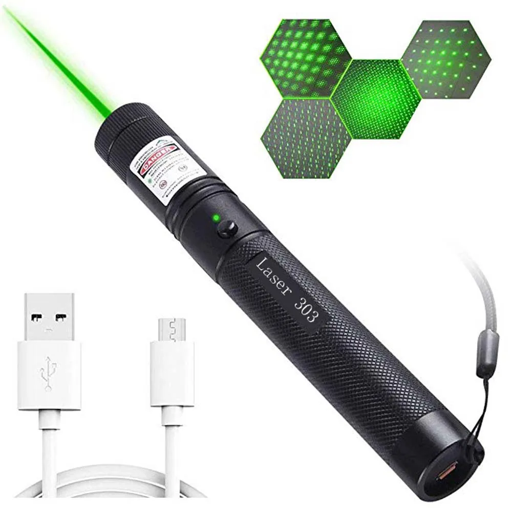 Зеленая лазерная указка, usb зарядка, 303, высокая мощность, 5 мВт, красная точка, лазерная ручка, одноточечная, звездное сжигание, лазер, высокое качество - Цвет: Зеленый