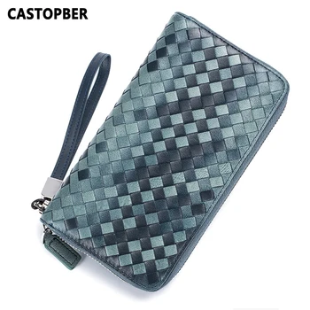 

Men Sheepskin Wallet Genuine Leather Day Clutches Zipper Long Purse Wrist Strap Knitting Hand-woven RFID Blocking Card Holders