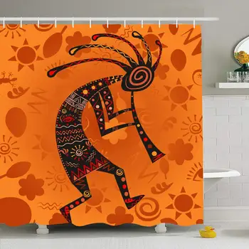 

Shower Curtain Set with Hooks 72x78 Kokopelli African Prehistoric Fertility Signs Flute Spirit Style Entertainment Agriculture