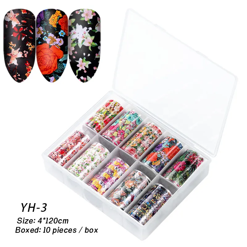 YH-3 FlorVida Boxed 10pcs Kit 120cm*4cm Nail Foil Stickes Set Marble Transfer Manicure Art Tips Flower Decal Used With Foil Glue - Цвет: YH-3