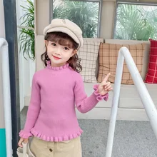 Однотонная универсальная рубашка с воротником с оборками для девочек осенне-зимний детский свитер в западном стиле базовая одежда в Корейском стиле для маленьких девочек