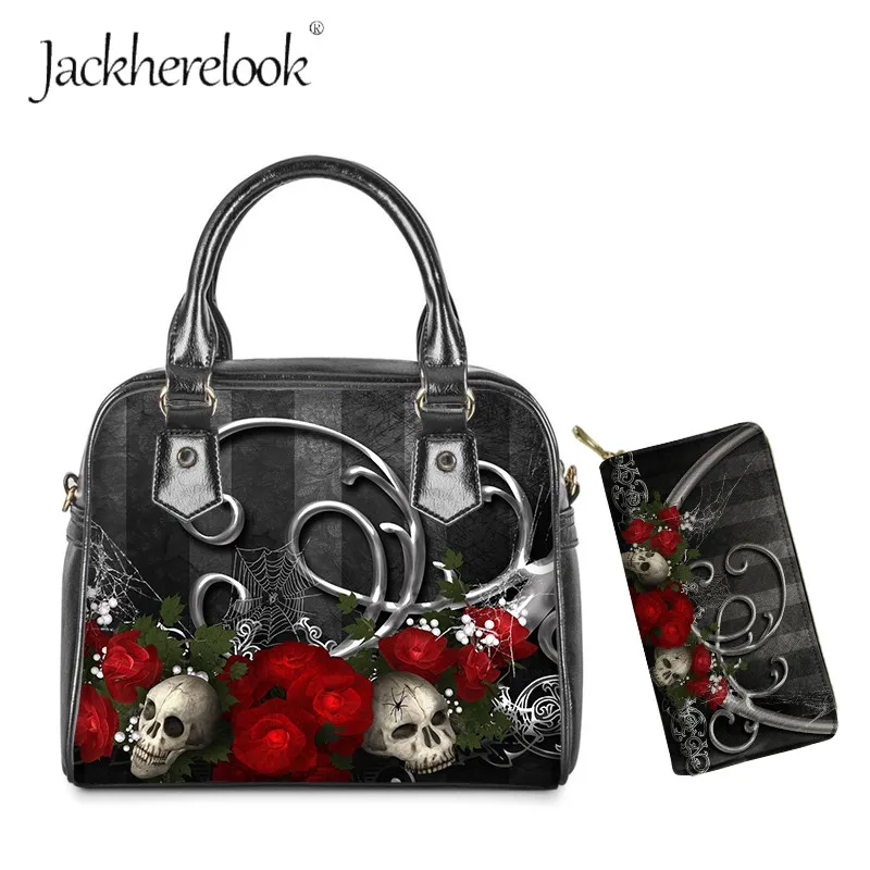 jackherelook-gothic-rose-flowers-pattern-women's-soft-crossbody-handle-tops-handbag-casual-wallets-set-lady-daily-tote-bolsa