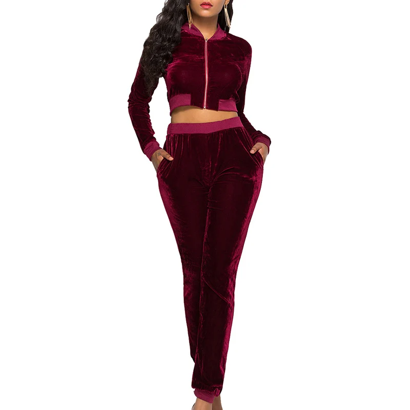 wine red Набор для бега, женская модная одежда, спортивный костюм на молнии, женский спортивный костюм, сексуальный короткий топ с длинным рукавом, осенний комплект из 2 предметов, спортивная одежда - Цвет: wine red