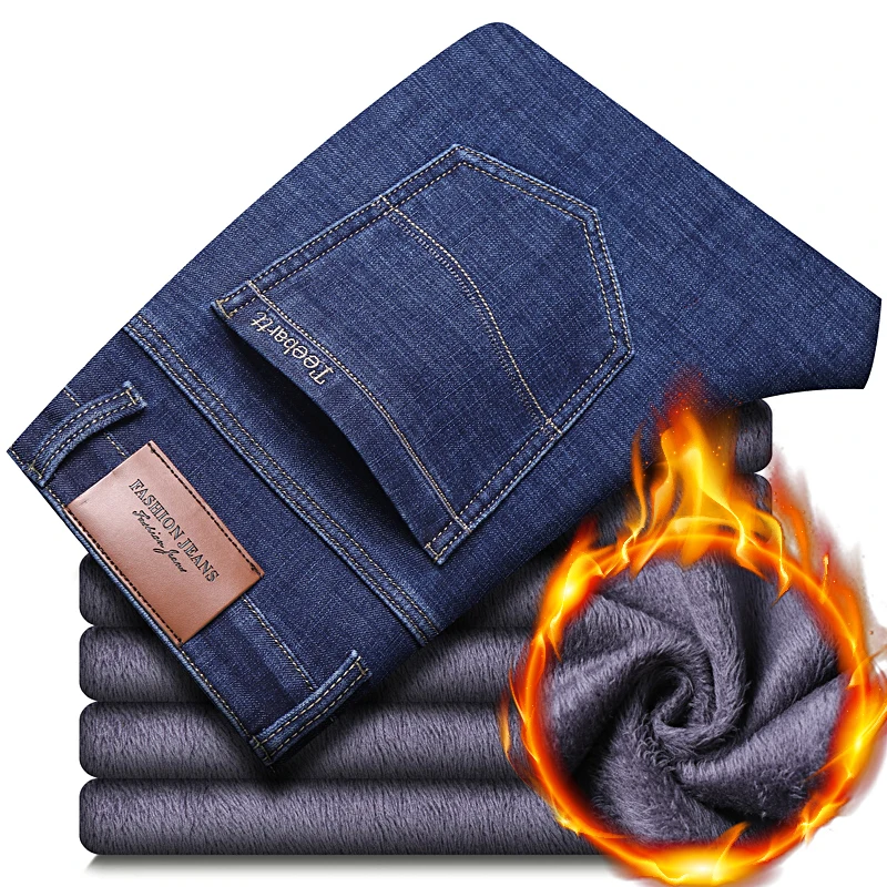 Winter Thermal Warm Flannel Stretch Jeans Mens Winter Quality Famous Brand Fleece Pants Straight Flocking Trousers Denim Jeans 3