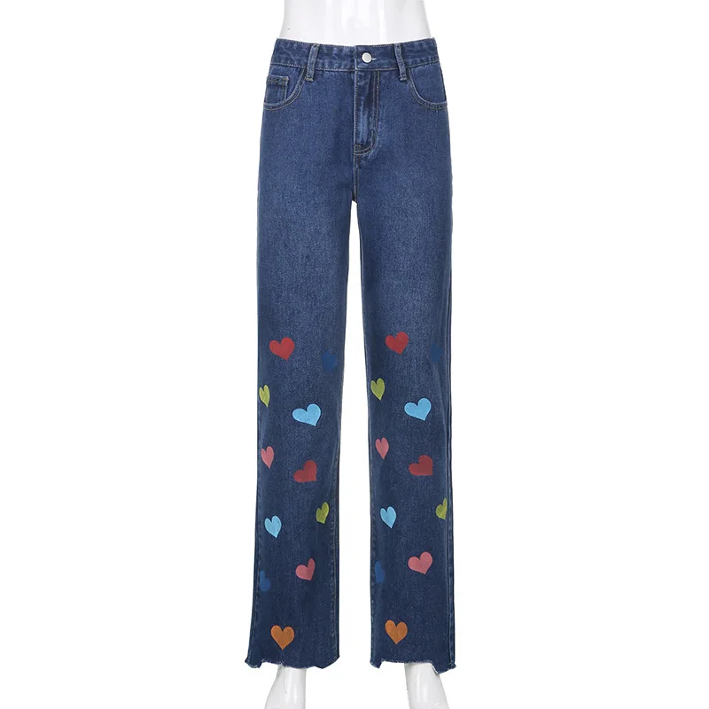 Rainbow Heart Print Baggy Jeans Womens 