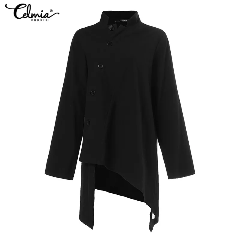 Tanie Plus rozmiar asymetryczna tunikowe bluzki kobiety w stylu Vintage bawełniane bluzki Celmia 2019 moda z długim rękawem luźne guziki kieszenie koszule Blusa
