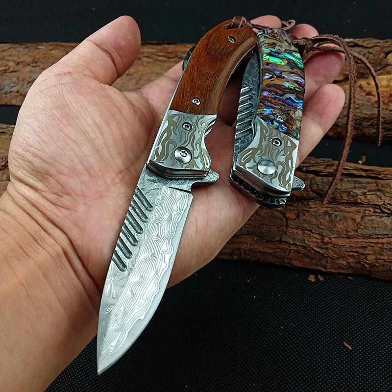 

EDC Acrylic Wooden Handle Folding Knife Damascus Blade Pocket Tactical Survival Camping Knives Tools Ball Bearing Tactical Knife