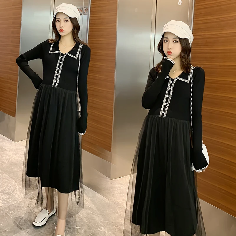 Autumn Long Sleeve Turn-Down Collar Pregnant Women Dress Knitting Cotton Pachwork Mesh Empire Maternity Preppy Style | Мать и ребенок