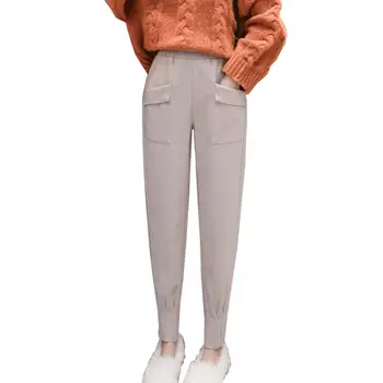 

Casual Women Winter Woolen High Waist Pockets Elastic Waistband Straight Pants Pockets Elastic Waistband Straight Pants