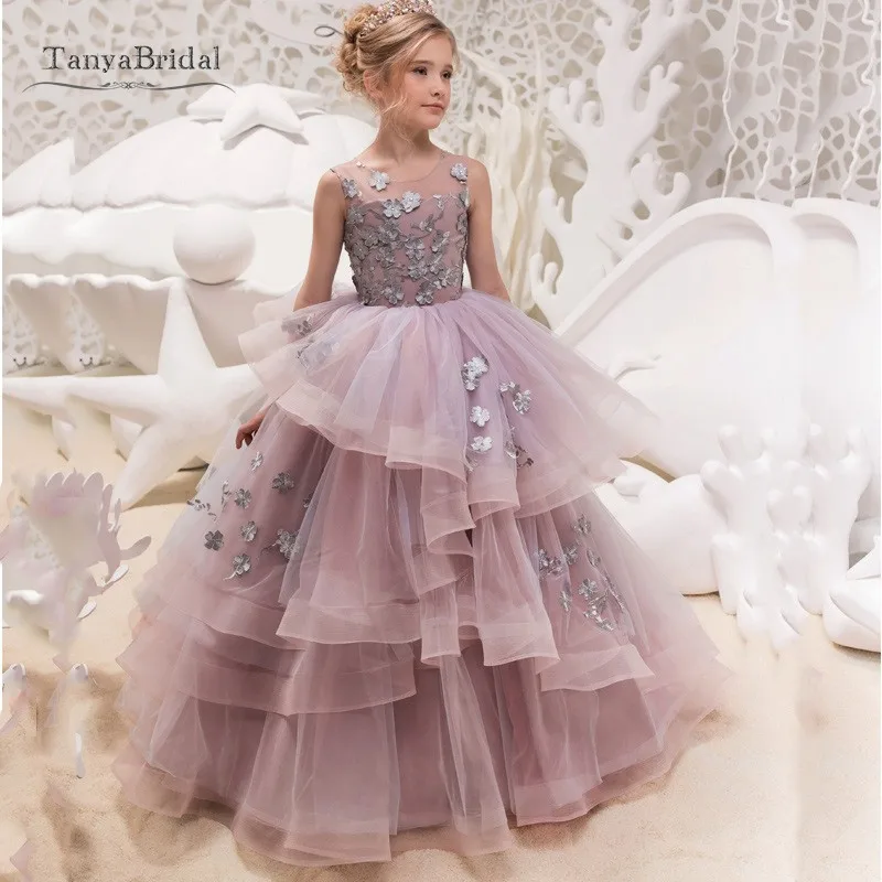 picture color Пыльно-Розовые Платья с цветочным узором для девочек; Многоуровневое платье с объемной кружевной аппликацией; красивое Пышное Платье с иллюзией на спине; вечерние платья для гостей на свадьбу для девочек - Цвет: picture color