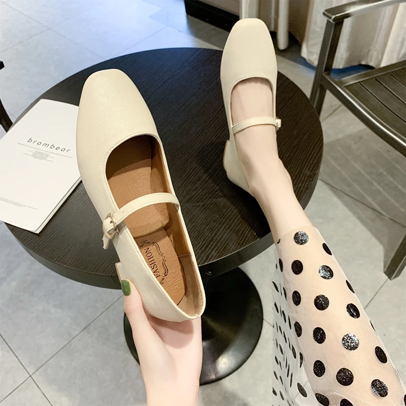 

New Spring Fashion 2020 Women Square Toe Soft Leather Flat Shallow Mouth ShoesWoman Ballerinas Loafe U19-41