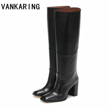 

women microfiber leather knee high boots chunky heel pointed toe long boots zipper tall boots dress shoes autumn winter brown