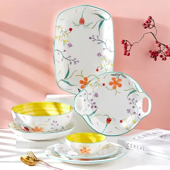

Creative Flower Hotel Tableware Set Ceramic Bowl for Eating Fruit Salad Plate Round Fish Plate with Hollow Ears