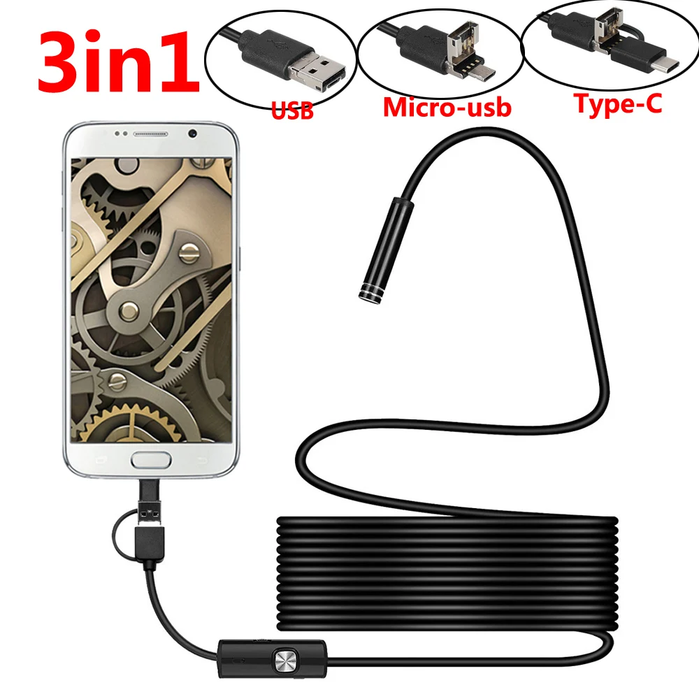 Mini cámara endoscópica USB tipo C de 7MM, Cable duro Flexible, cámara de inspección por boroscopio de serpiente para teléfono inteligente Android y PC