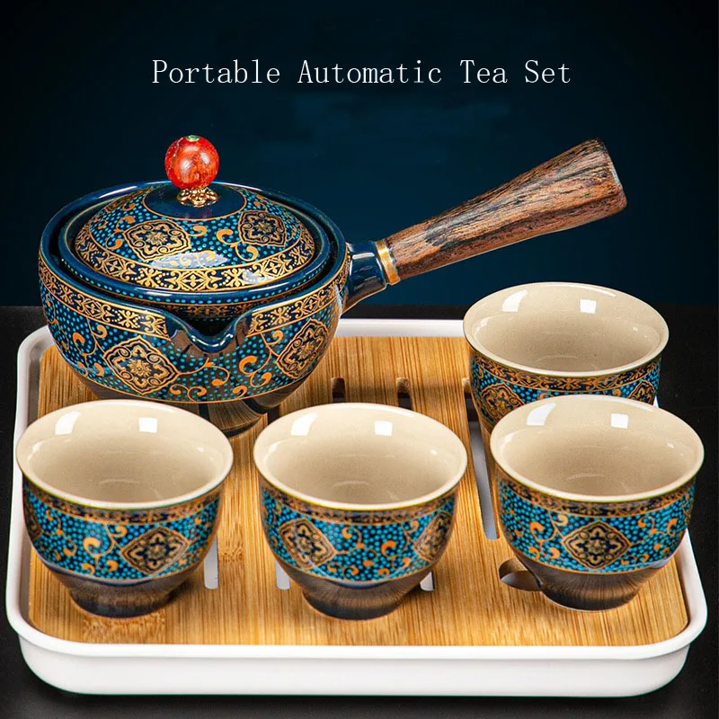 Chinese Porcelain Gongfu Tea Set with 360 Rotation, Tea Maker and Infuser for Gifts, Travel,Home,Outdoor,Office, Picnic, Busines