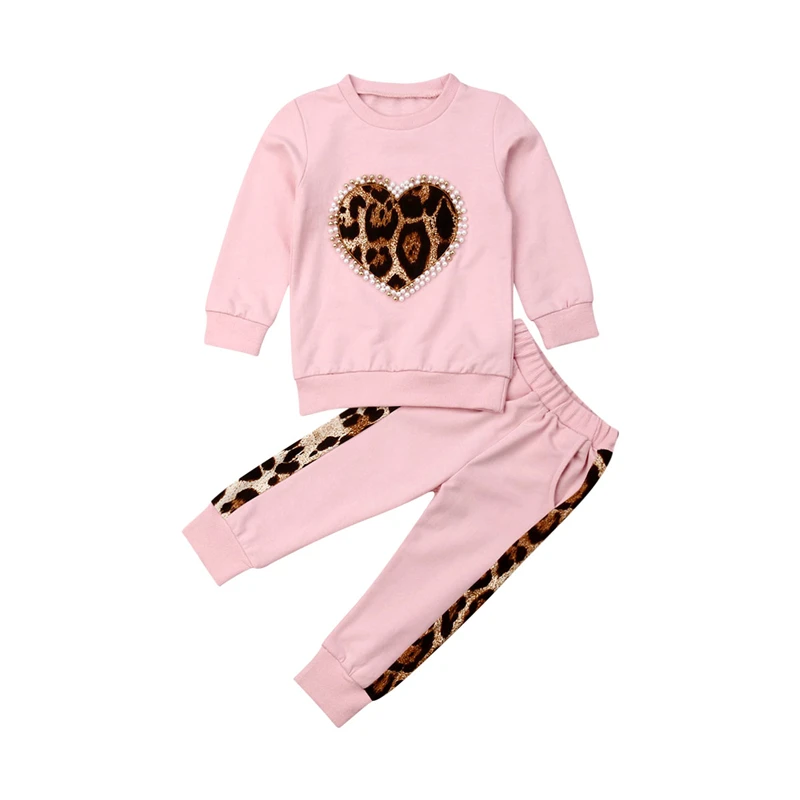 От 6 месяцев до 5 лет комплекты зимней одежды для маленьких девочек, розовые леопардовые топы с длинными рукавами, длинные штаны, спортивный костюм - Цвет: Розовый