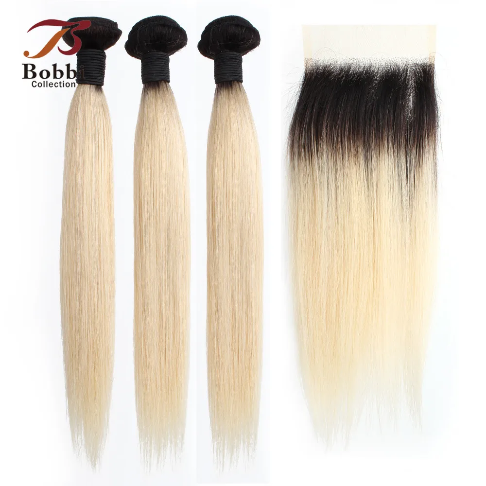 BOBBI Коллекция T 1B 613 темный корень Платина блонд пряди с закрытием бразильские прямые не Реми человеческие волосы 10-28 дюймов