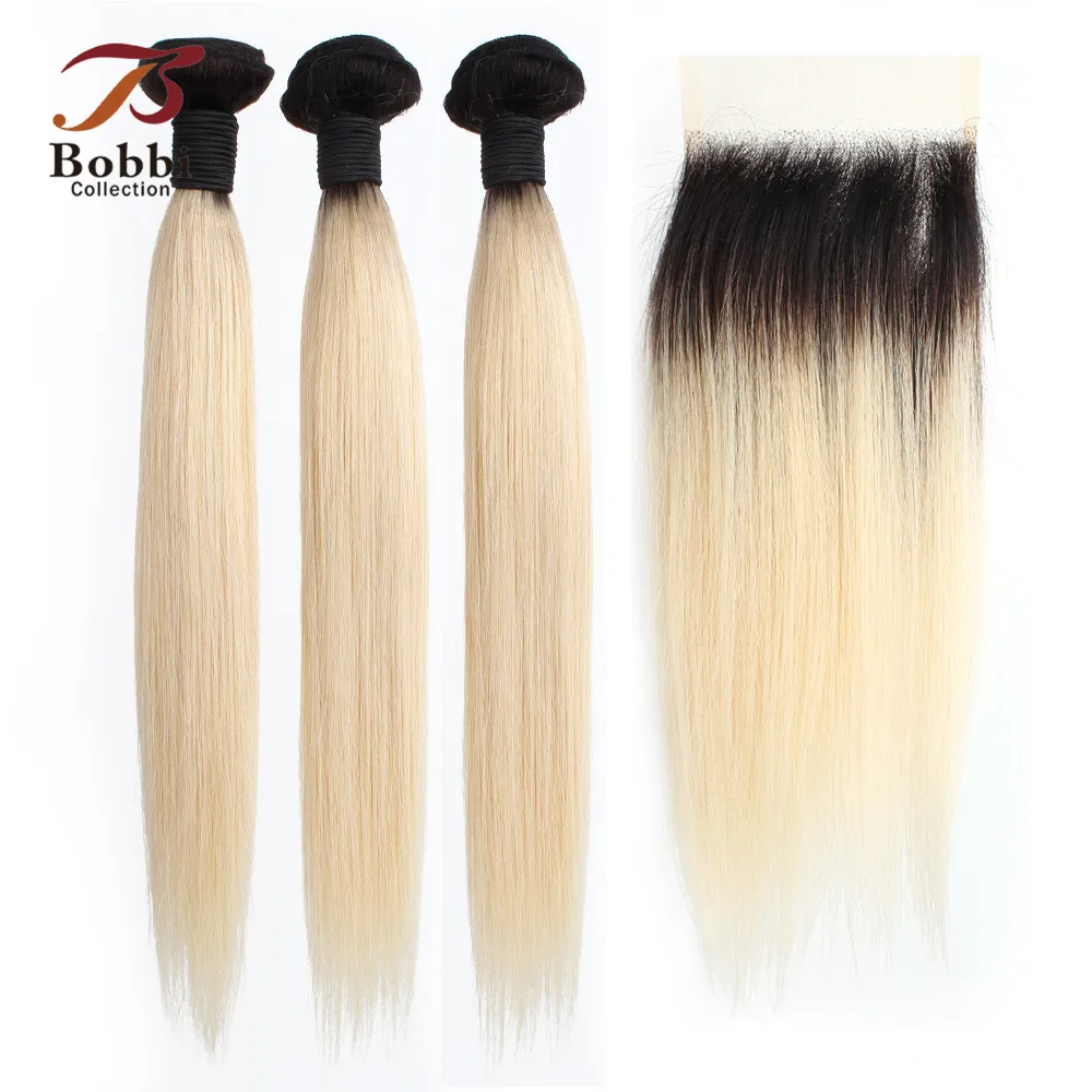 

BOBBI COLLECTION T 1B 613 Dark Root Platinum Blonde Bundles With Closure Brazilian Straight Non Remy Human Hair 10-28 inch