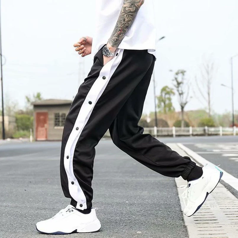 Pantalones de con botón lateral para hombre, ropa deportiva a de pierna ancha, chándal de moda, ropa de calle, primavera y otoño|Pantalones deportivos| AliExpress