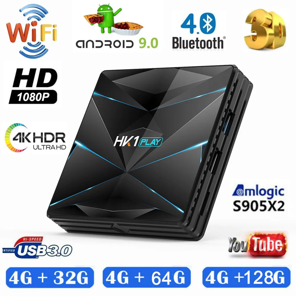 

HK1 Play 4K UHD S905X2 Quad Core Set Top BOX 4G+32GB/64GB USB3.0 Dual WiFi BT4.0 Smart Android9.0 3D Media TV Box Player