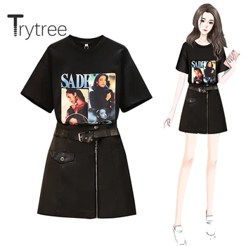 

Trytree 2020 Summer Women two piece set Casual O-neck Loose Character T-shirt Top + Skirt Mini Solid Zipper Fashion 2 piece Set
