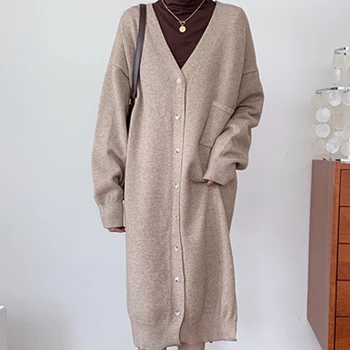 

Fashion 2020 Autumn Winter Women's Sweater V-Neck Buttons Long Cardigan Pocket Split Korean Oversize Lady Tops