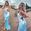 White Shiny Sequined Maxi Dress Split Front Cross Strapes Backless Party Dress Evening Long Gown ► Photo 3/6