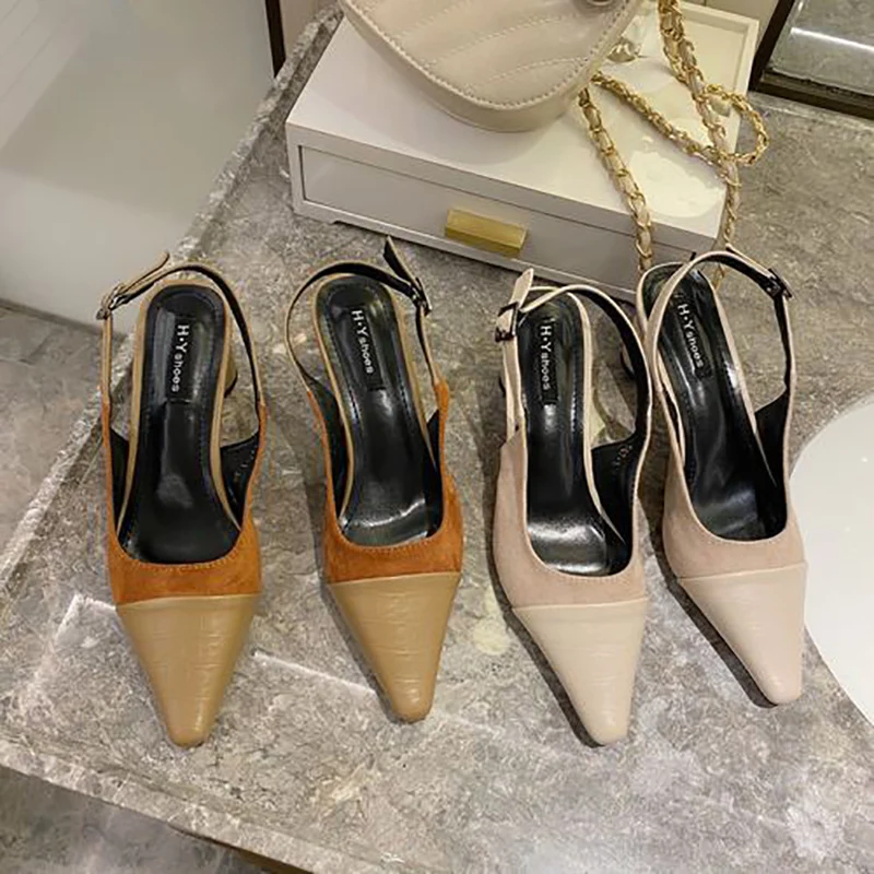 

2020 Spring Summer Sandals Pointed Toe Mix Color Round High Heels Pumps Back Buckle Strap Sandals Office Dress Shoes Fashion