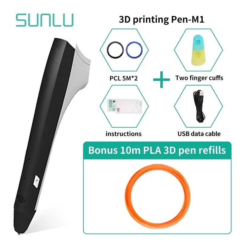 M1-10.1-Black SUNLU Prince M1 3D Печатающая ручка набор в подарочной коробке Детская Scribble 3D коробка для ручек набор с PLA нити низкотемпературная 3D Ручка - Цвет: M1-10.1-Black