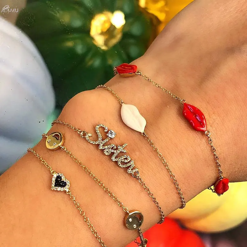 

AOMU Korean New Fashion Heart Bracelet Multi Layer Bracelet Chain Lips Bracelet Letter Rhinestones Bracelet For Women Jewelry