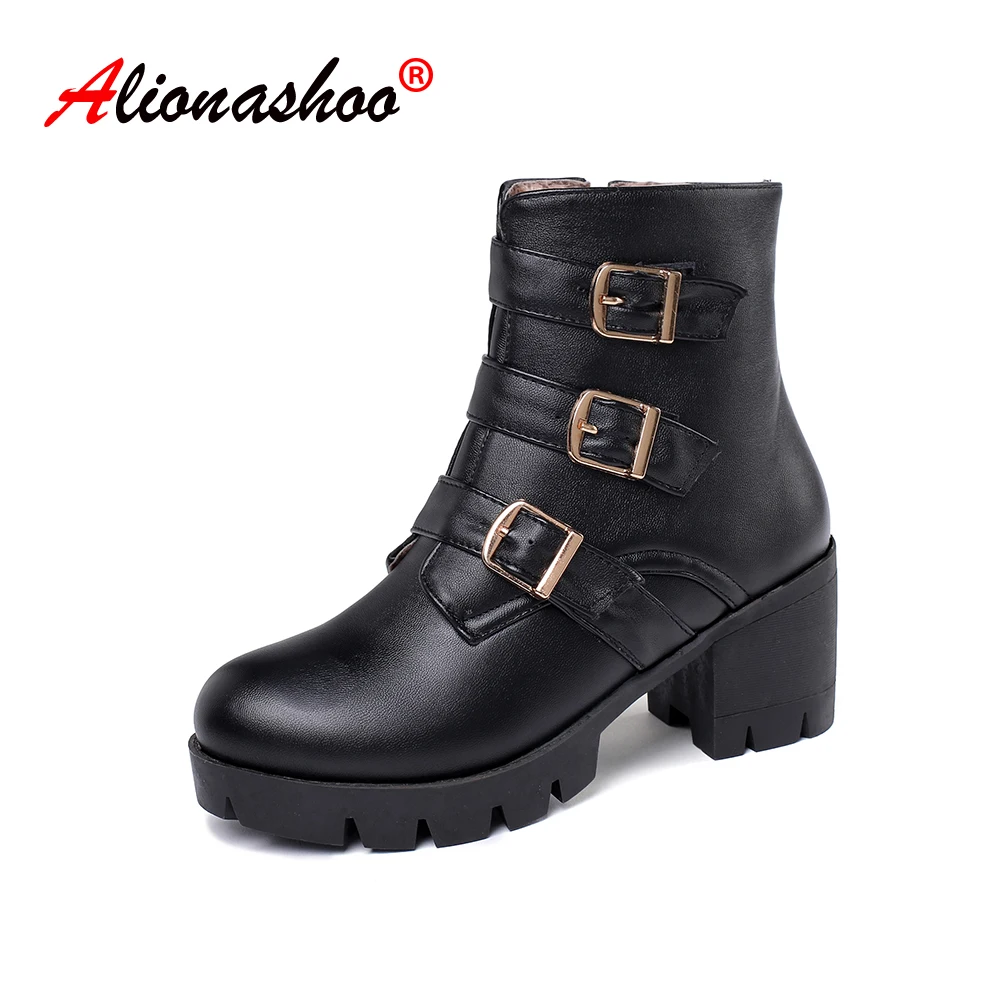 

Plus Size 46 13 New Buckle Motorcycle Boots Women British Style Ankle Boots Gothic Punk Low Heel ankle Boot Winter Women Shoes