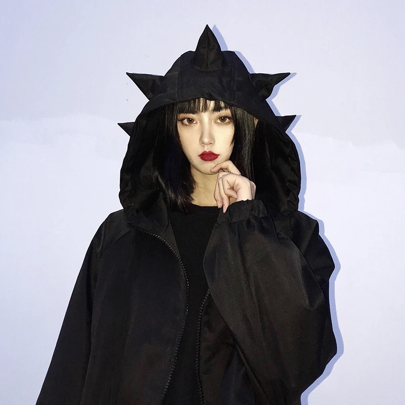 black Neploe Harajuku черного цвета в виде динозавра с Длинными Пальто Для женщин Для мужчин с капюшоном и застежкой-молнией больших размеров куртка осень-зима утепленная верхняя одежда 55156 - Цвет: black