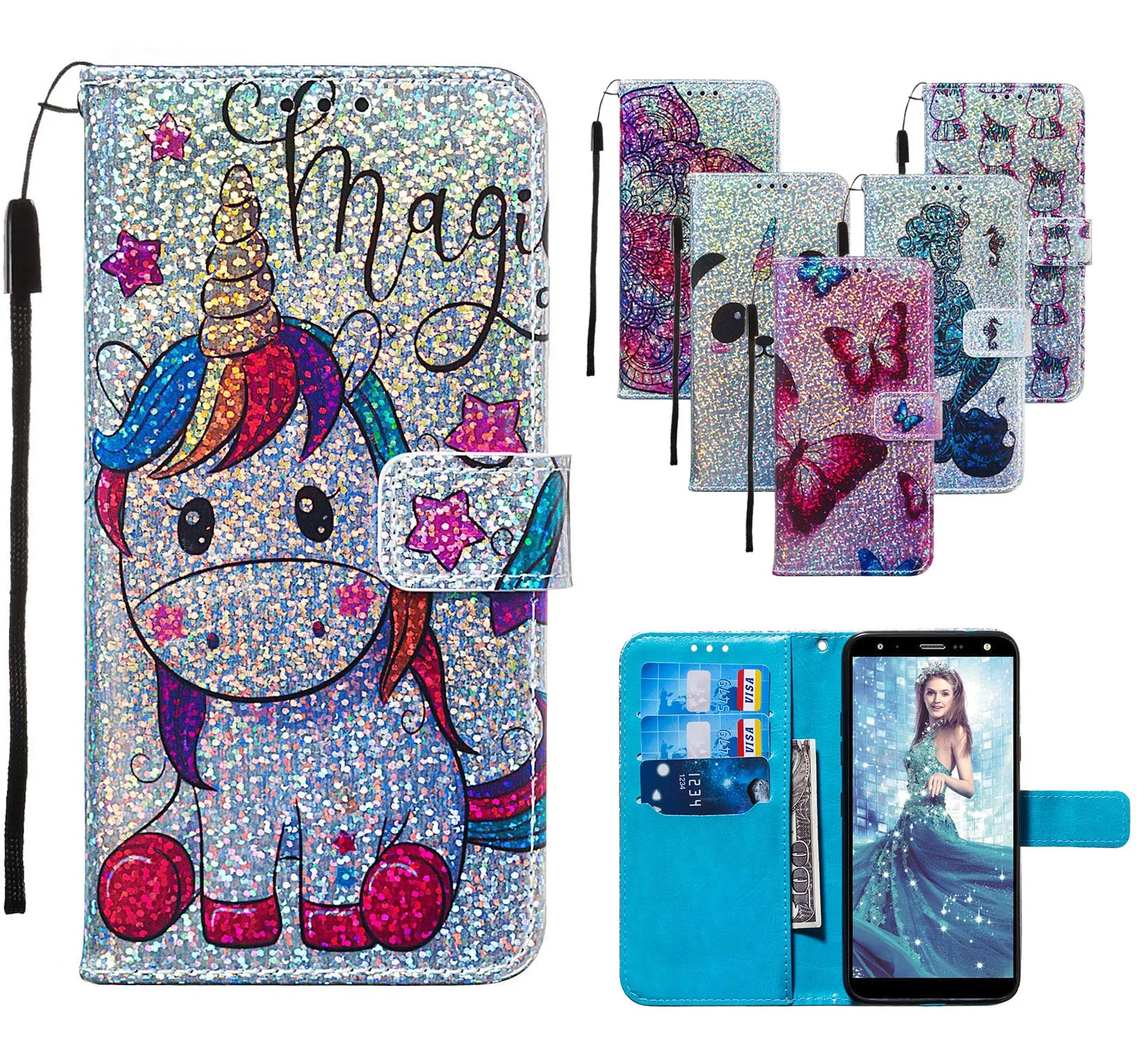 

Bling Wallet Flip Leather Cases For Huawei P20 lite Y9 Prime 2019 Honor 20 Pro Nova 5i P Smart Z Mermaids Pattern Bag Back Cover